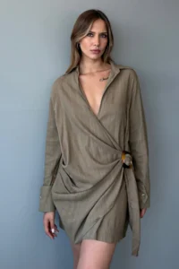 TRENDYOLMİLLA Brown Accessory Detailed Double breasted Short / Mini  Weaving Dress