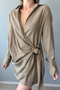 TRENDYOLMİLLA Brown Accessory Detailed Double breasted Short / Mini  Weaving Dress - Image 3
