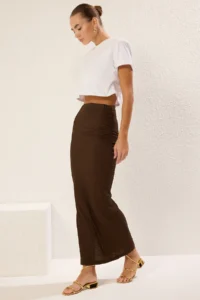 TRENDYOLMİLLA Brown textured Ruffle/Drape Detailed Pen Skirt - Image 2