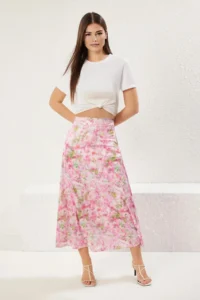 TRENDYOLMiLLA Multicolored Batik flower patterned Satin Material A-line Pattern Midi Size  Weaving Skirt