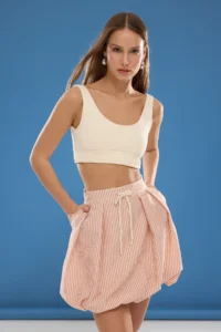 TRENDYOLMiLLA Rejection Belted Balloon Detail Detailed Striped seersucker Material Mini Size Weaving Skirt - Image 2