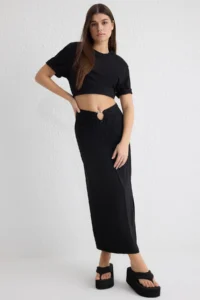 TRENDYOLMiLLA Black Belde Hair Clip Detailed Flowy Material Midi Size Weaving Skirt - Image 2