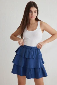 TRENDYOLMiLLA Navy Blue Skirt Ruffle Detailed Elastic Waist Mini Size Weaving Skirt - Image 3
