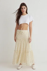 TRENDYOLMİLLA Light Yellow Tulle Floral Printed Ruffle/Drape Detailed Flexible Skirt