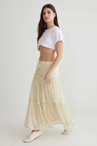 TRENDYOLMİLLA Light Yellow Tulle Floral Printed Ruffle/Drape Detailed Flexible Skirt - Image 2
