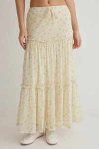 TRENDYOLMİLLA Light Yellow Tulle Floral Printed Ruffle/Drape Detailed Flexible Skirt - Image 3
