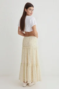 TRENDYOLMİLLA Light Yellow Tulle Floral Printed Ruffle/Drape Detailed Flexible Skirt - Image 5
