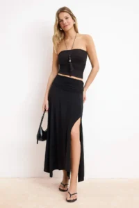 TRENDYOLMİLLA Black Waist Detailed slit Flexible Knitting Maxi Skirt