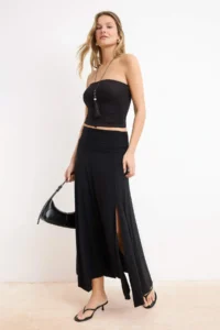 TRENDYOLMİLLA Black Waist Detailed slit Flexible Knitting Maxi Skirt - Image 2