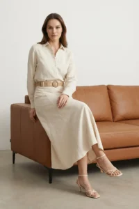 TRENDYOLMiLLA Beige Belt Detailed Linen Maxi Size A-line Maxi Size Weaving Skirt