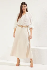 TRENDYOLMiLLA Beige Belt Detailed Linen Maxi Size A-line Maxi Size Weaving Skirt - Image 2