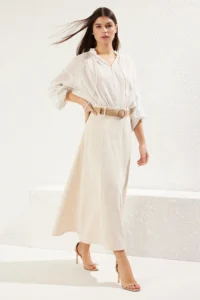 TRENDYOLMiLLA Beige Belt Detailed Linen Maxi Size A-line Maxi Size Weaving Skirt - Image 3