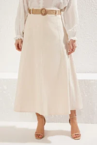 TRENDYOLMiLLA Beige Belt Detailed Linen Maxi Size A-line Maxi Size Weaving Skirt - Image 4