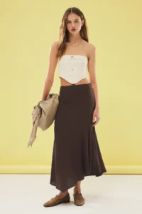 TRENDYOLMiLLA Dark Brown Flowy Material Low Waist End Asymmetric Maxi Size Weaving Skirt