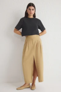 TRENDYOLMiLLA Khaki Waist Belt Detailed pleated Front slit Maxi Size Weaving Skirt