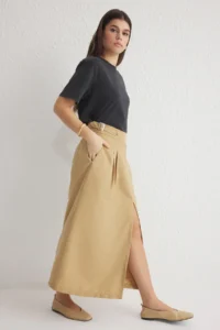 TRENDYOLMiLLA Khaki Waist Belt Detailed pleated Front slit Maxi Size Weaving Skirt - Image 2