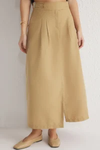 TRENDYOLMiLLA Khaki Waist Belt Detailed pleated Front slit Maxi Size Weaving Skirt - Image 3
