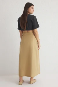 TRENDYOLMiLLA Khaki Waist Belt Detailed pleated Front slit Maxi Size Weaving Skirt - Image 5
