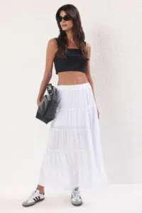 TRENDYOLMiLLA White Bow Detailed A -line with flywheel LONG Maxi Size Half Lined Viscose Weaving Skirt