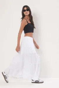 TRENDYOLMiLLA White Bow Detailed A -line with flywheel LONG Maxi Size Half Lined Viscose Weaving Skirt - Image 2