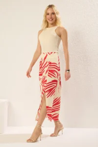 TRENDYOLMiLLA Multicolored Patterned Cotton Fabric Slit Detailed Midi Size Weaving Skirt - Image 4