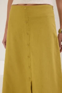 TRENDYOLMiLLA Oil Green Button Detailed slit linen look Lined Maxi Weaving Skirt - Image 3