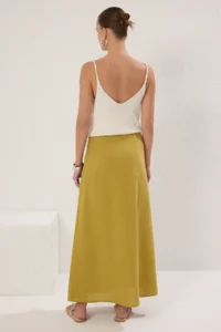 TRENDYOLMiLLA Oil Green Button Detailed slit linen look Lined Maxi Weaving Skirt - Image 4