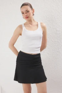 TRENDYOLMİLLA Black Shirred Crepe Flexible Mini Knitting Skirt - Image 2