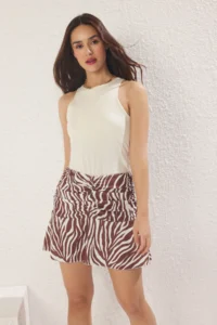 TRENDYOLMİLLA Brown Zebra Printed Shirred Crepe Flexible Mini Knitting Skirt