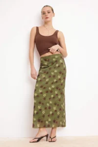 TRENDYOLMİLLA Khaki Abstract Patterned Tulle Lace Detailed Flexible Skirt Skirt