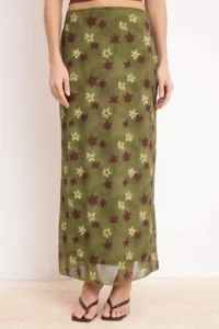TRENDYOLMİLLA Khaki Abstract Patterned Tulle Lace Detailed Flexible Skirt Skirt - Image 3