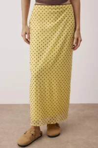 TRENDYOLMİLLA Yellow Puantiye Patterned Tulle Lace Detailed Flexible Skirt - Image 3
