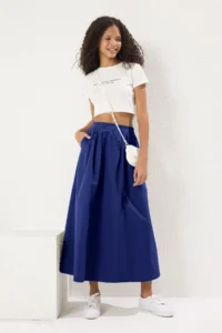 TRENDYOLMiLLA Navy Blue Pleated Detailed Maxi Size Weaving Skirt