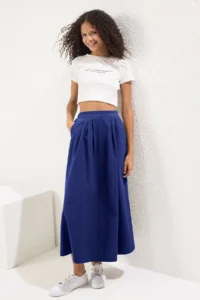 TRENDYOLMiLLA Navy Blue Pleated Detailed Maxi Size Weaving Skirt - Image 2