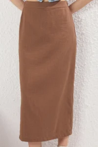 TRENDYOLMiLLA Brown linen look slit Skirt - Image 2