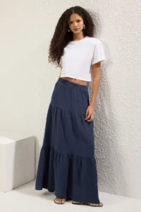 TRENDYOLMİLLA Navy Blue 100% Cotton Muslin LONG Maxi Skirt - Image 2
