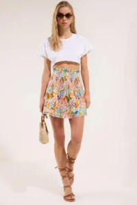 TRENDYOLMiLLA Multicolored Skirt Layered Fruit Patterned Summer 100% Cotton Mini Skirt