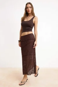 TRENDYOLMİLLA Dark Brown A Line Lace Lined Maxi Skirt