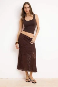 TRENDYOLMİLLA Dark Brown A Line Lace Lined Maxi Skirt - Image 2