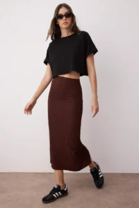 TRENDYOLMİLLA Brown textured slit Midi Flexible Knitting Skirt