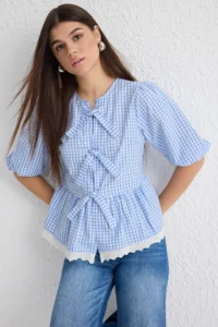TRENDYOLMİLLA Mavi Skirt Lace And Front Binding Detailed Weaving Shirt - Image 2