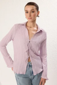 TRENDYOLMİLLA Lilac textured Material Front Binding Detailed Weaving Shirt - Image 2