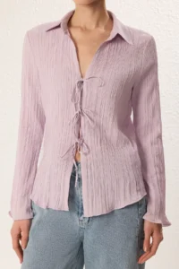TRENDYOLMİLLA Lilac textured Material Front Binding Detailed Weaving Shirt - Image 3