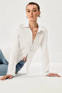 TRENDYOLMİLLA White textured Material Front Binding Detailed Weaving Shirt