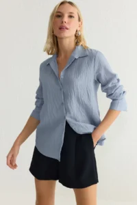 TRENDYOLMİLLA Mavi Striped textured Material Oversized Weaving Shirt - Image 2