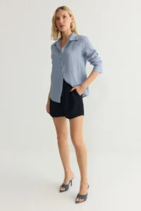 TRENDYOLMİLLA Mavi Striped textured Material Oversized Weaving Shirt - Image 3