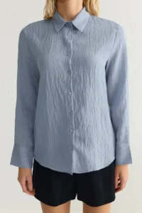 TRENDYOLMİLLA Mavi Striped textured Material Oversized Weaving Shirt - Image 4