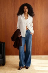 TRENDYOLMİLLA White Striped textured Material Oversized Weaving Shirt