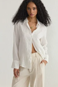 TRENDYOLMİLLA White Striped textured Material Oversized Weaving Shirt - Image 2