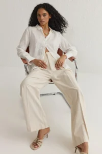 TRENDYOLMİLLA White Striped textured Material Oversized Weaving Shirt - Image 3